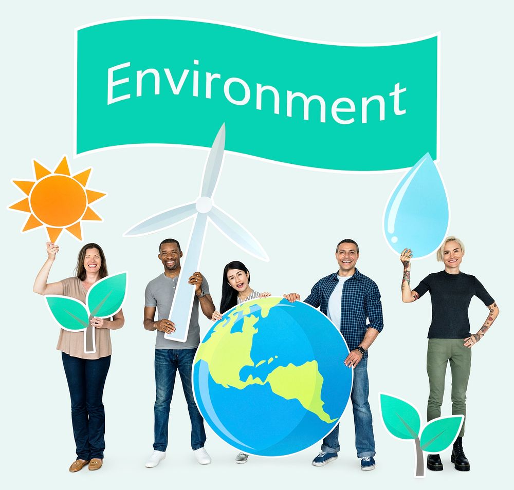 Group of diverse people holding eco-friendly icons