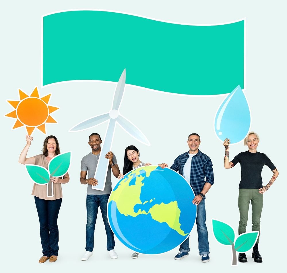 Group of diverse people holding eco-friendly icons