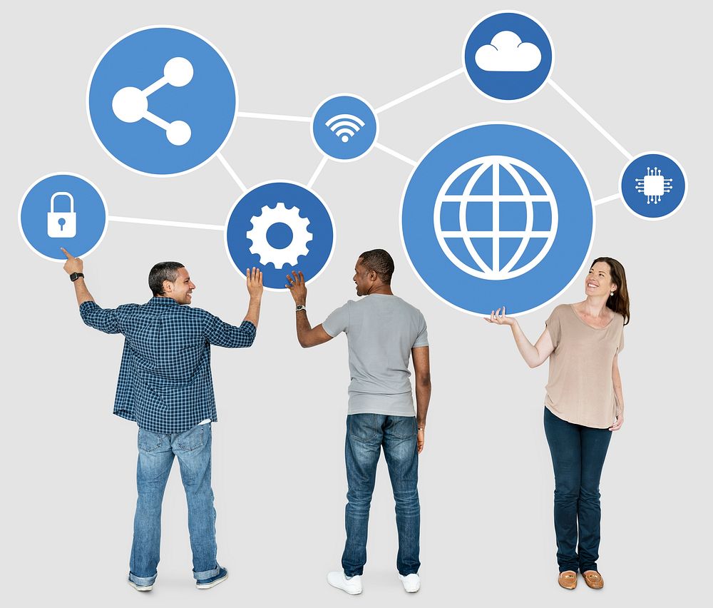 Diverse people holding blue networking icons