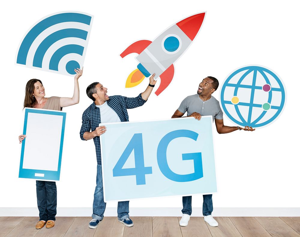 Group of people holding 4G technological icons