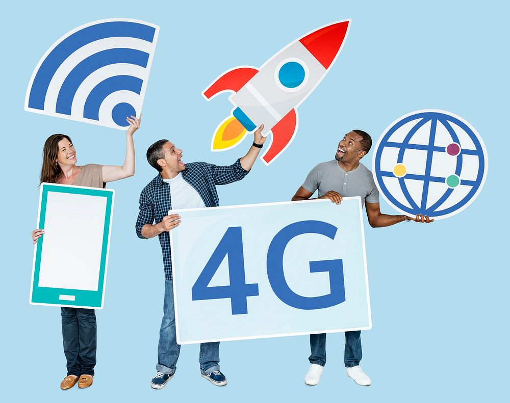 Group of people holding 4G technological icons