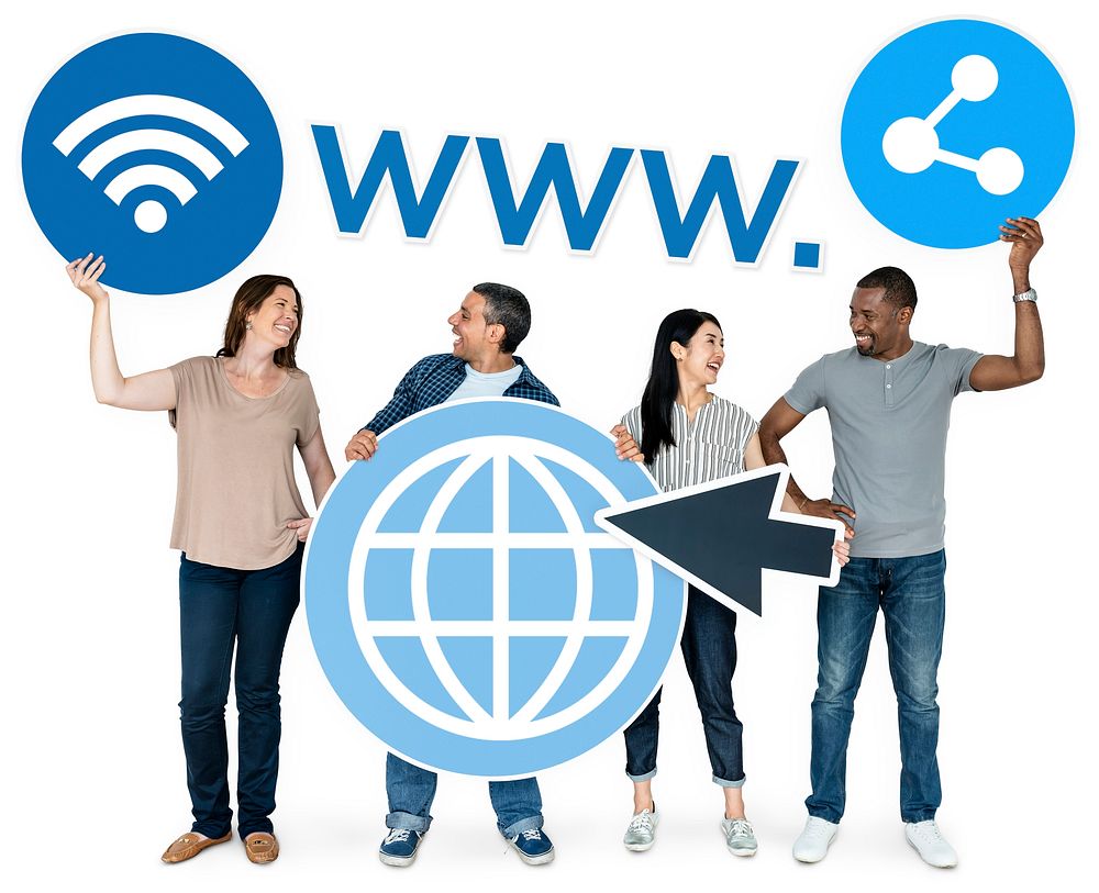 Diverse people holding internet icons