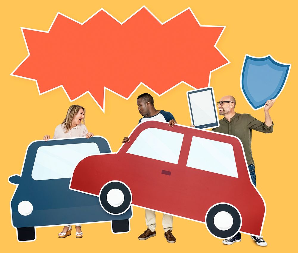 Cheerful diverse people holding car insurance icons