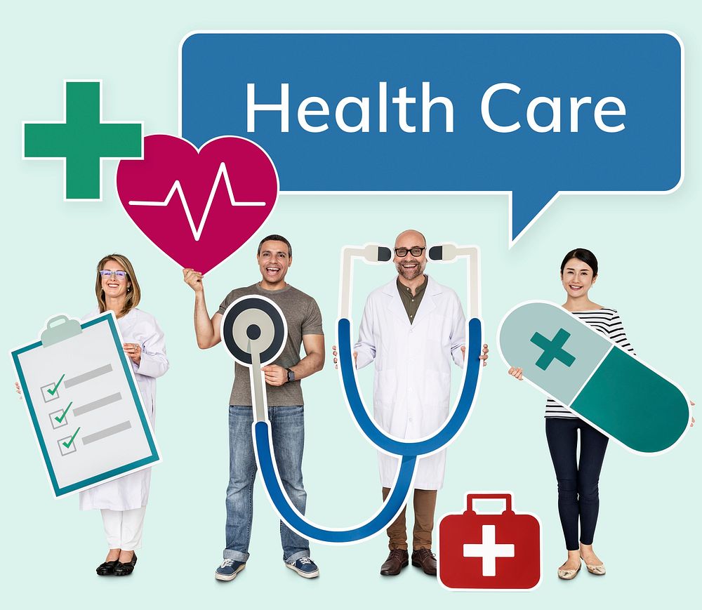 Happy people holding health care icons