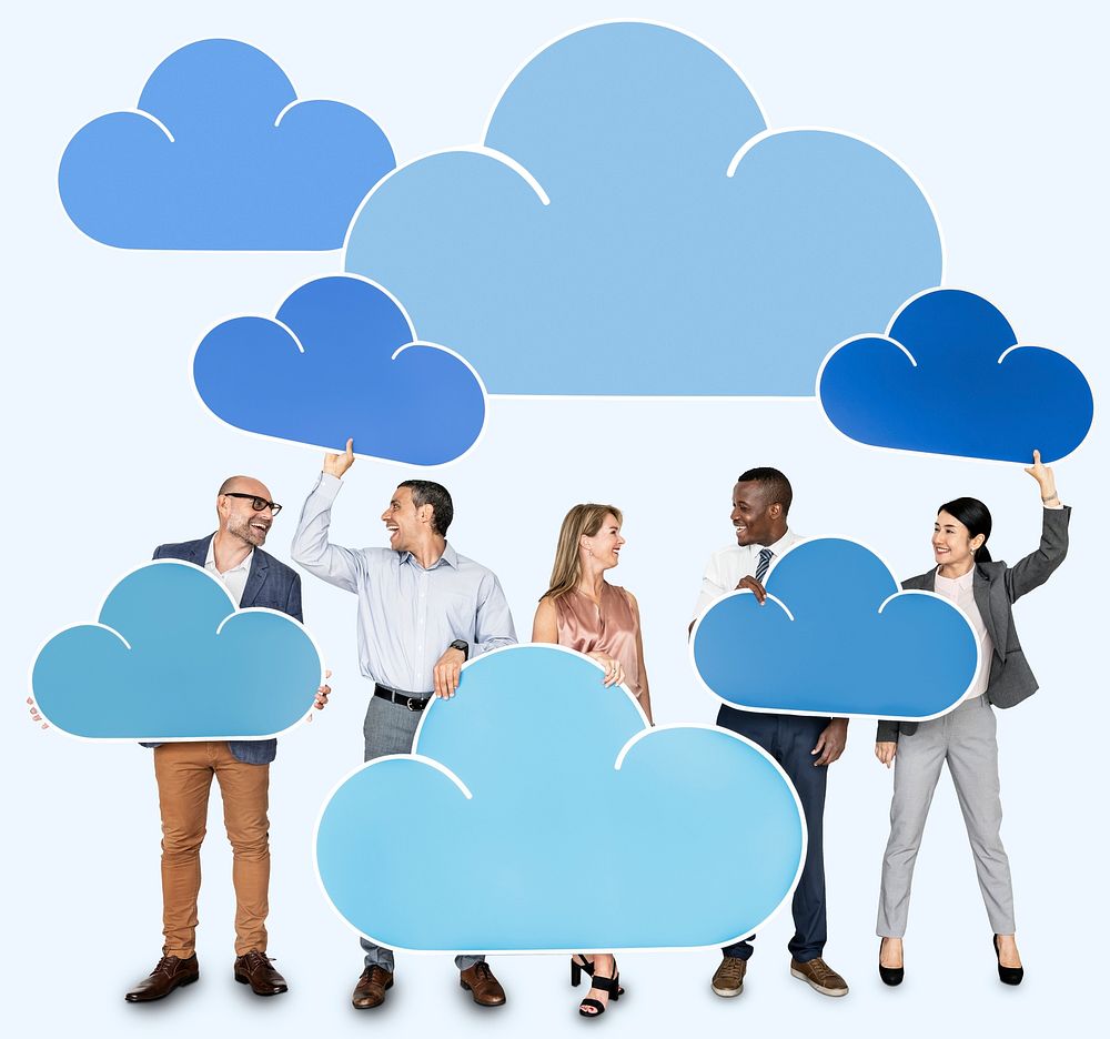 Diverse people holding cloud icons