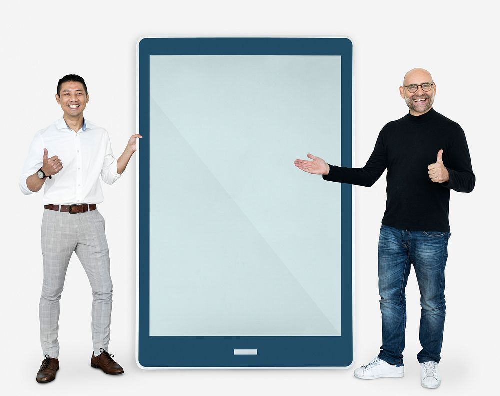 Cheerful men showing a tablet screen