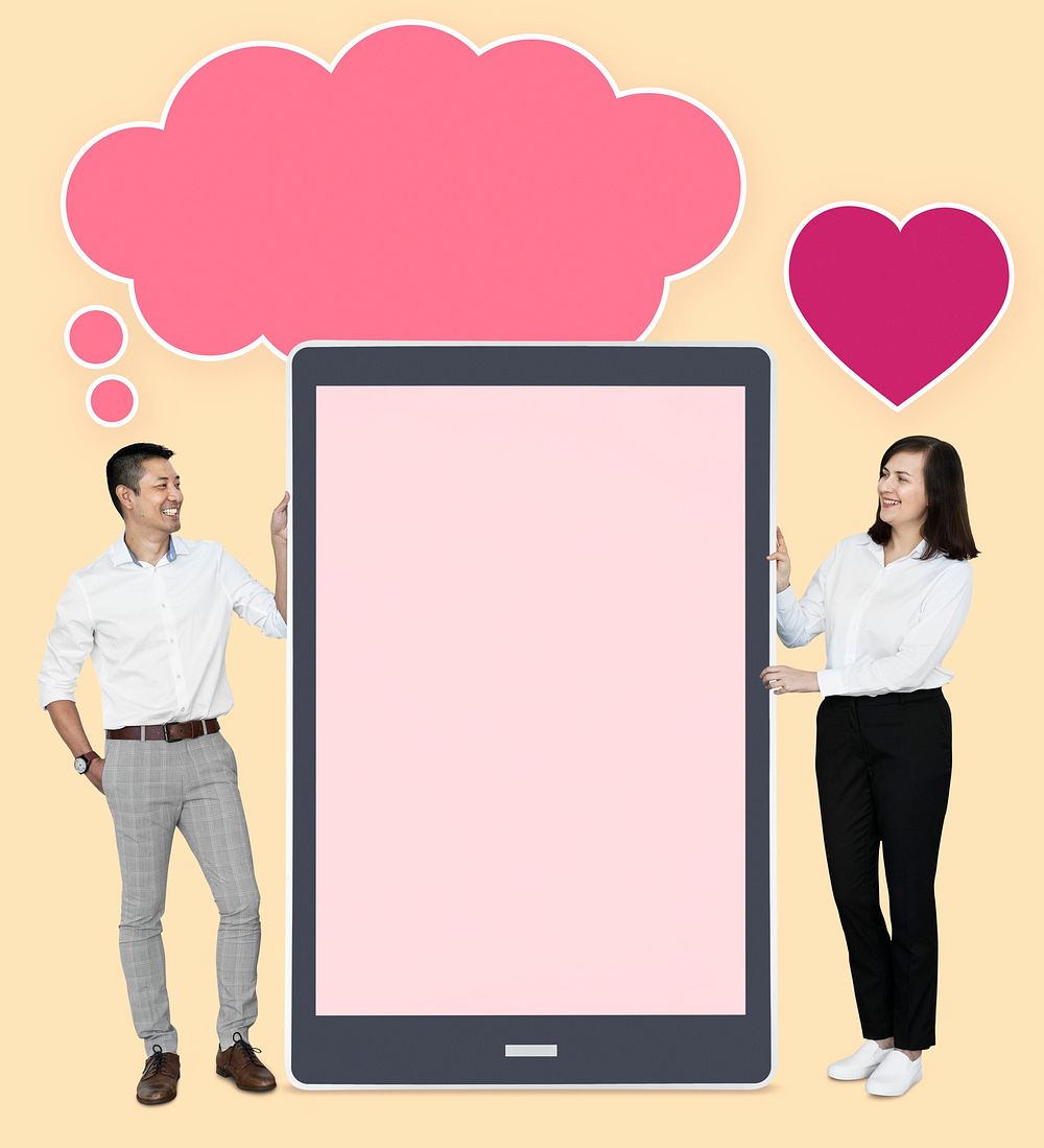 Couple showing a tablet with cloud and heart icons