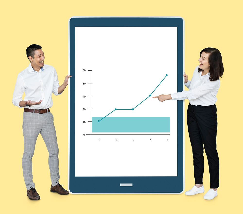 Cheerful diverse people showing a graph on a tablet