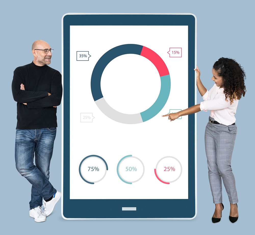Cheerful diverse people showing pie chart on a tablet