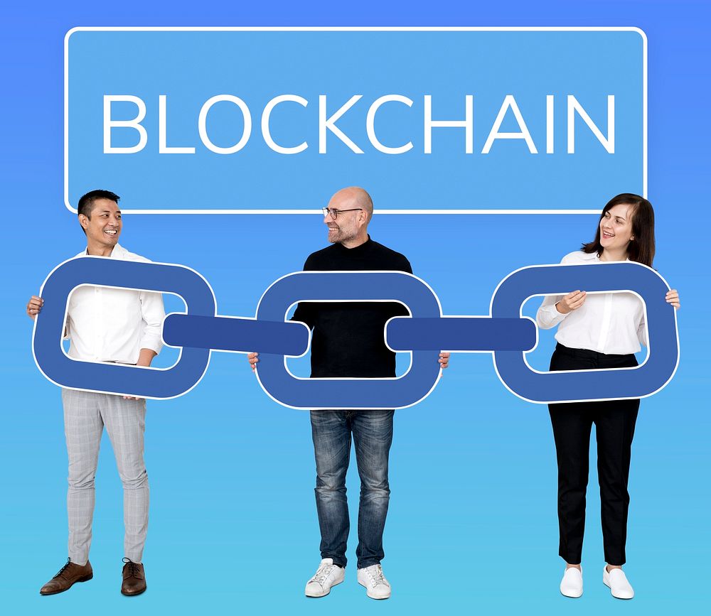Diverse business people with block chain cryptography