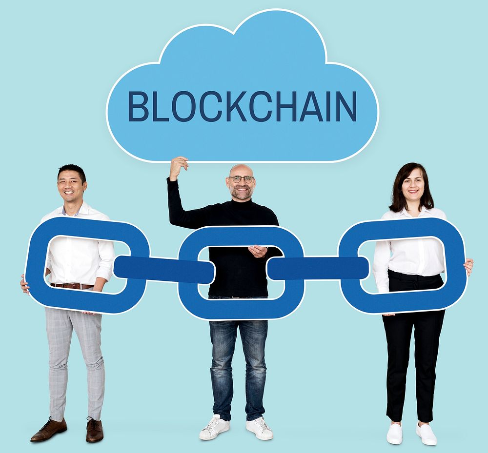 Diverse business people with block chain cryptography