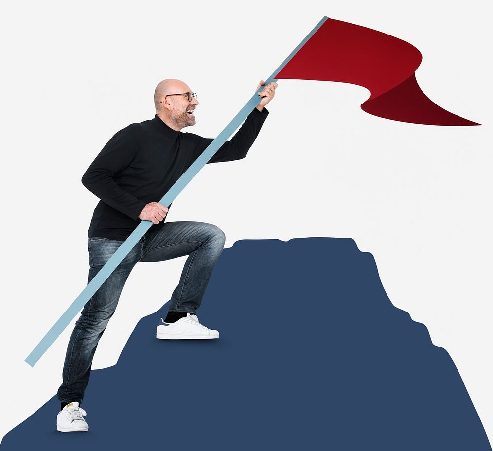 Man holding a flag on a hill