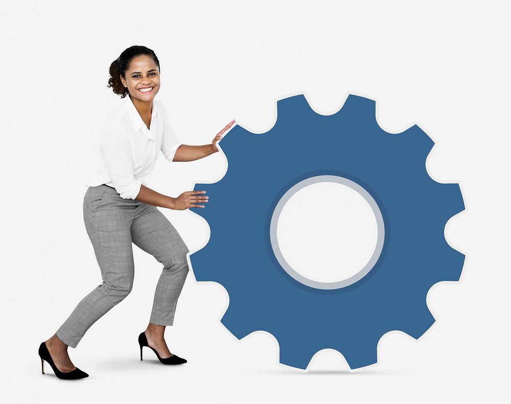 Businesswoman pushing a blue gear icon