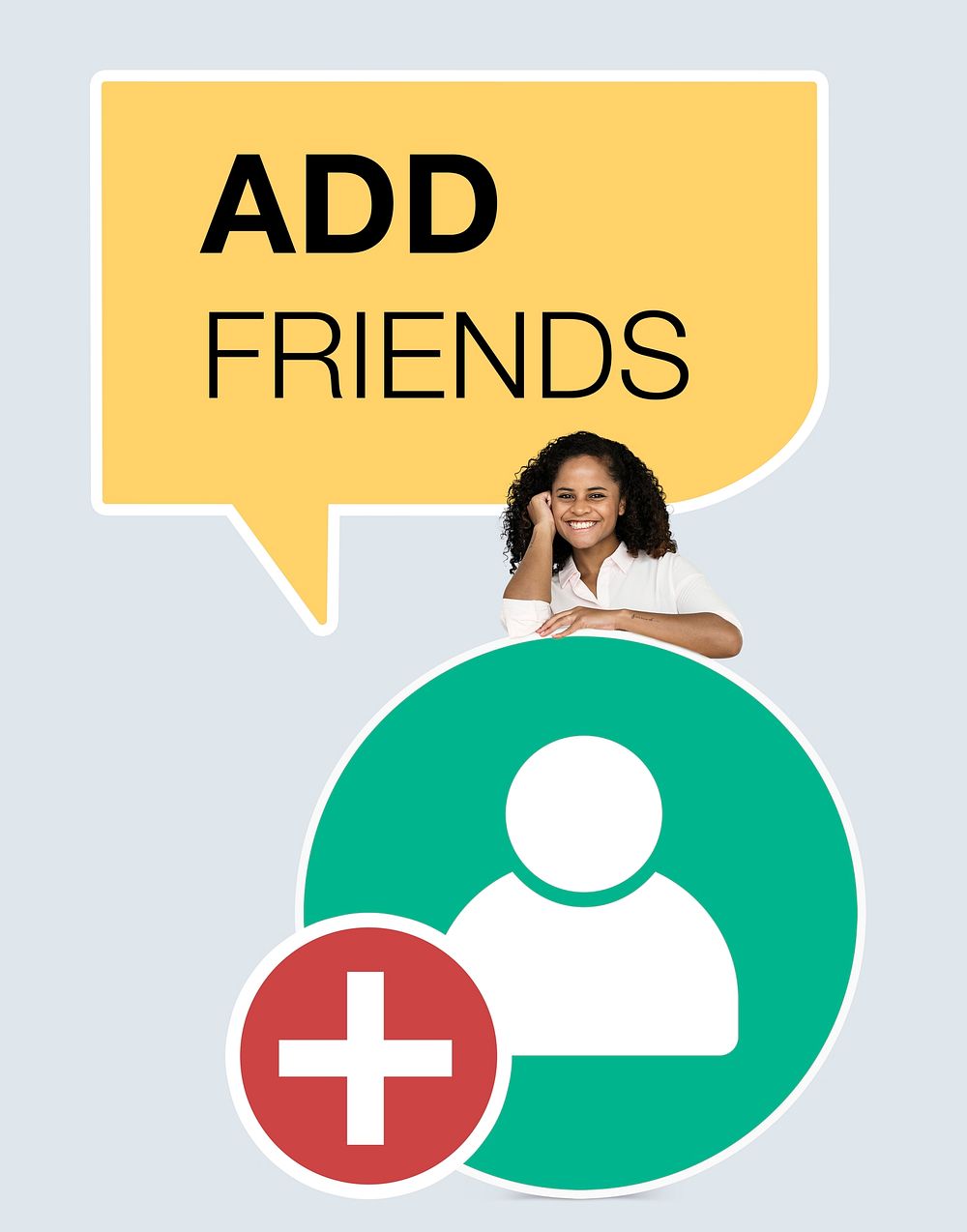 Cheerful woman showing add friends user icon