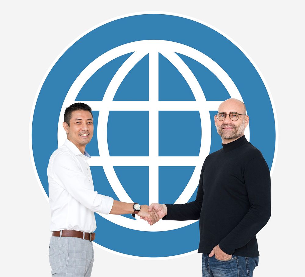 Business people shaking hands in front of a www icon