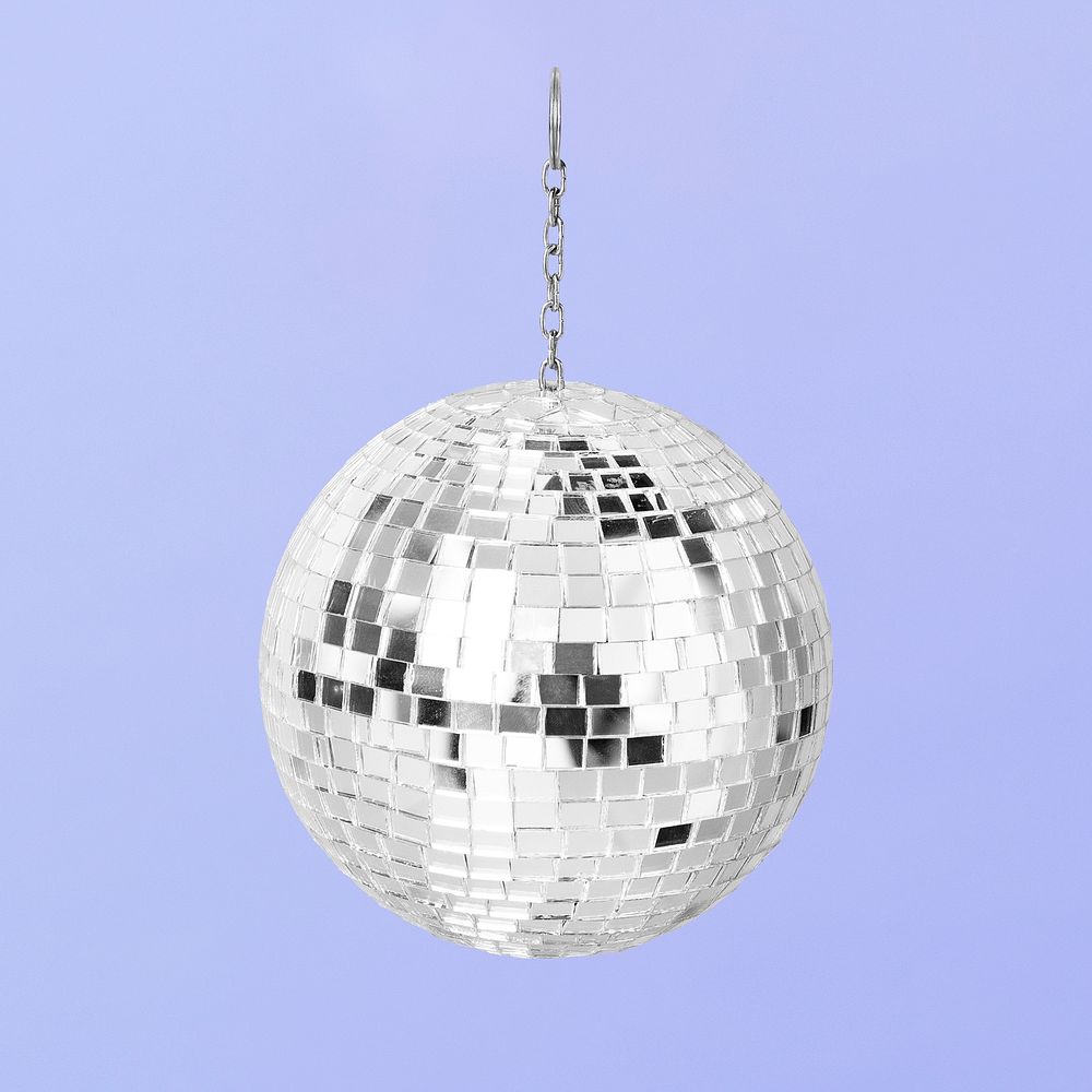 Shiny silver disco ball mockup on a purple background