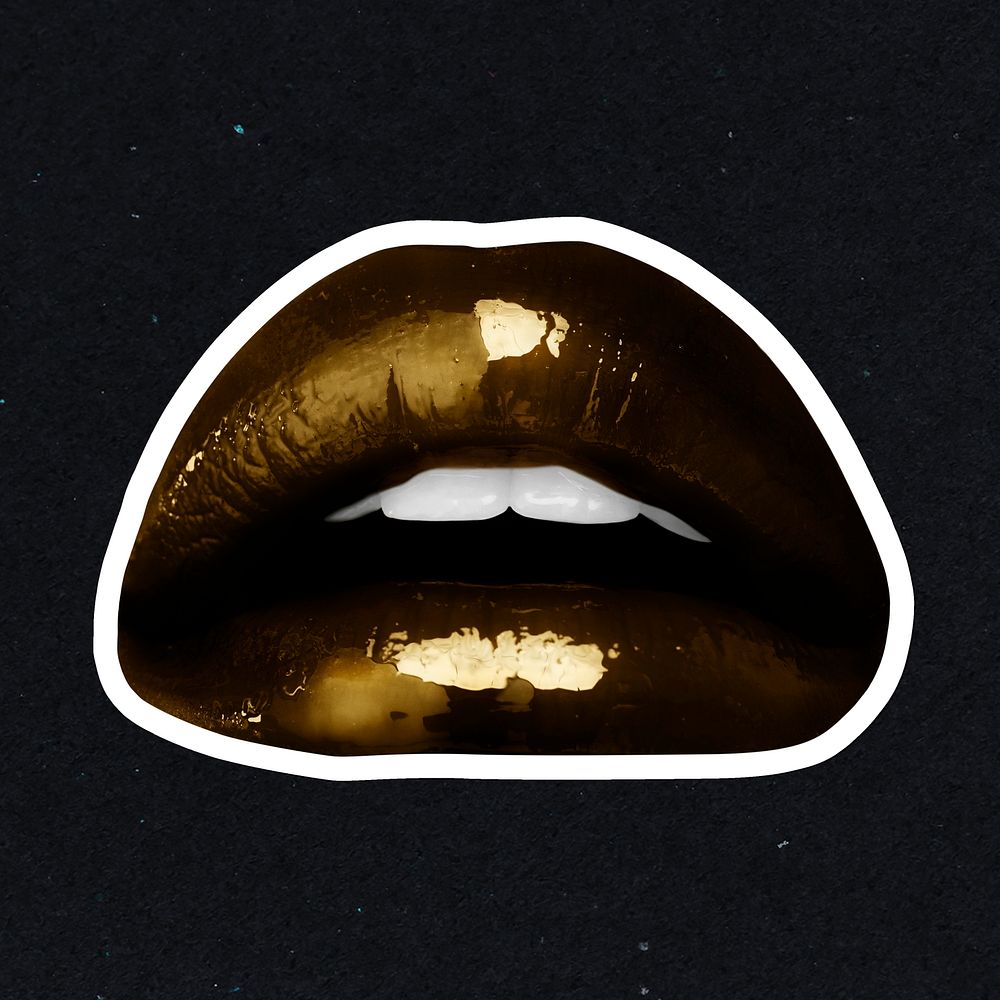 Golden shiny lips sticker overlay with a white border design resource