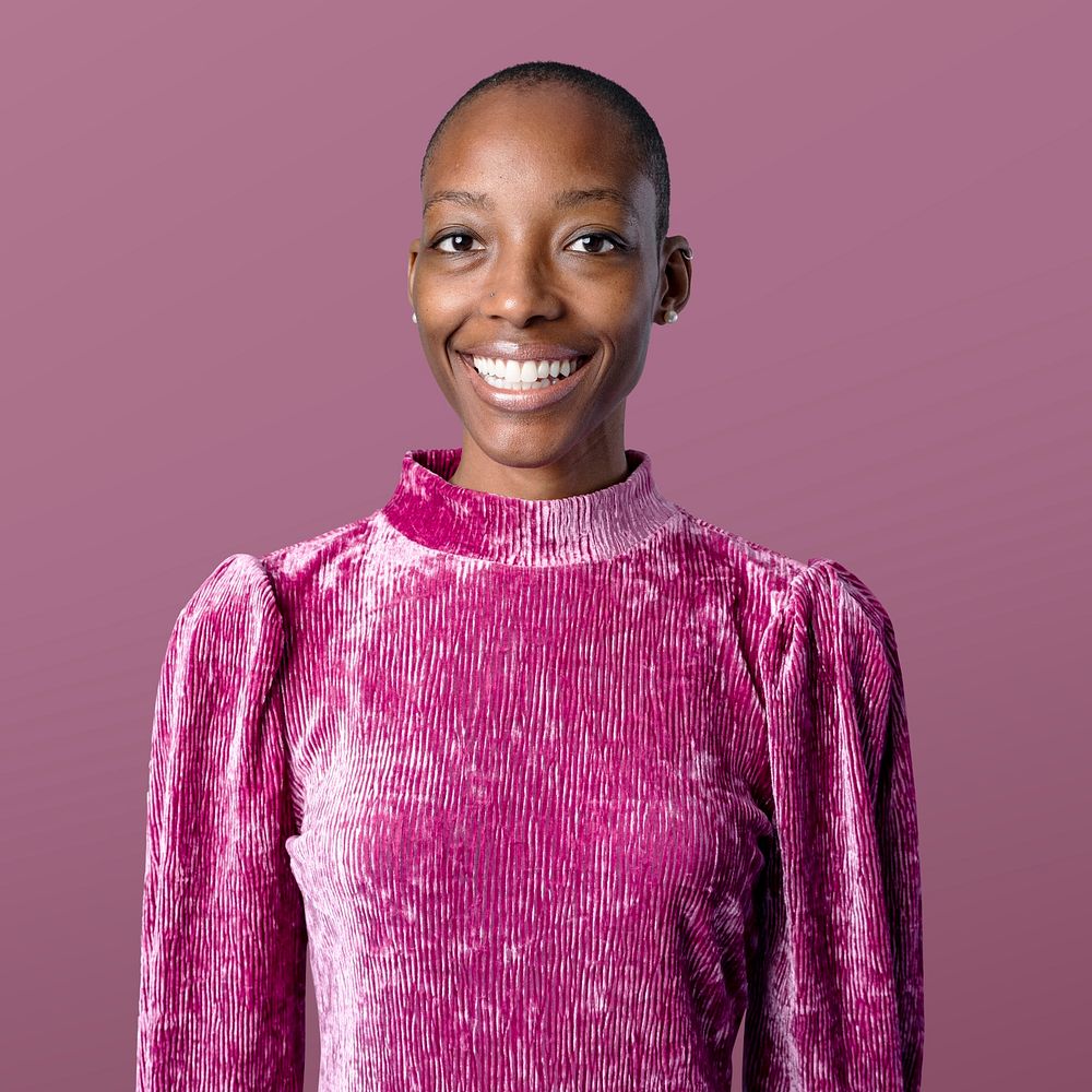 Happy black woman in a pink top mockup