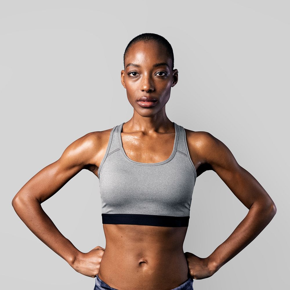 Black woman in sportswear on gray background mockup
