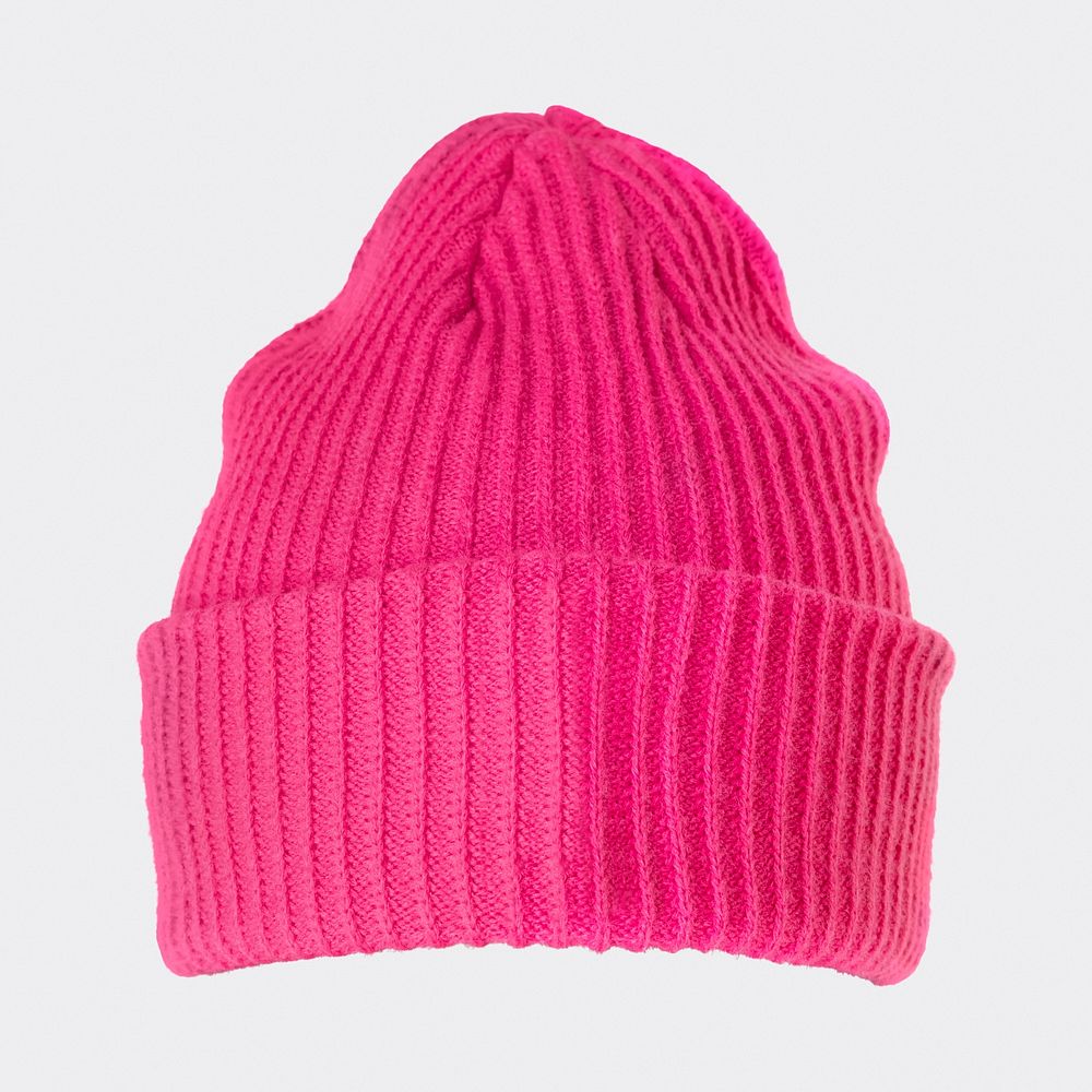 Hot pink beanie on a blue background