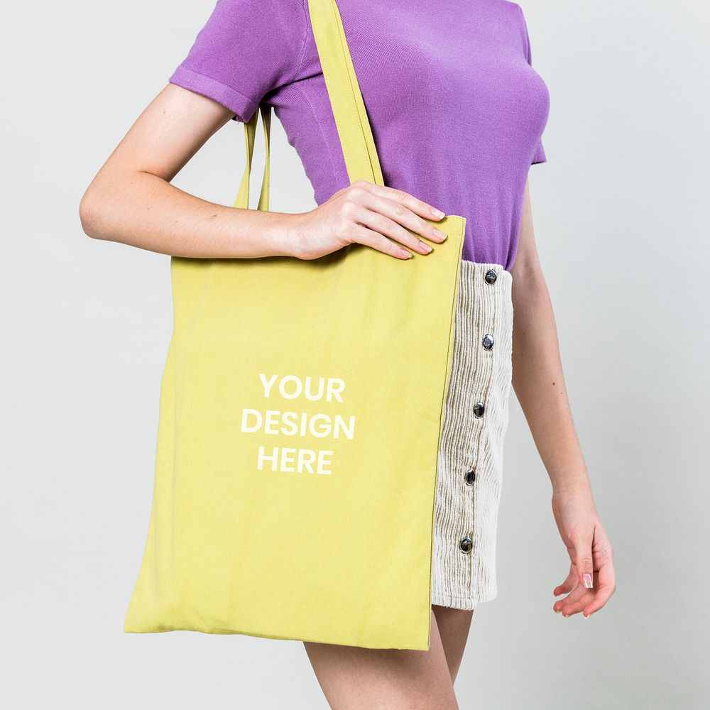 Woman with floral tote bag mockup