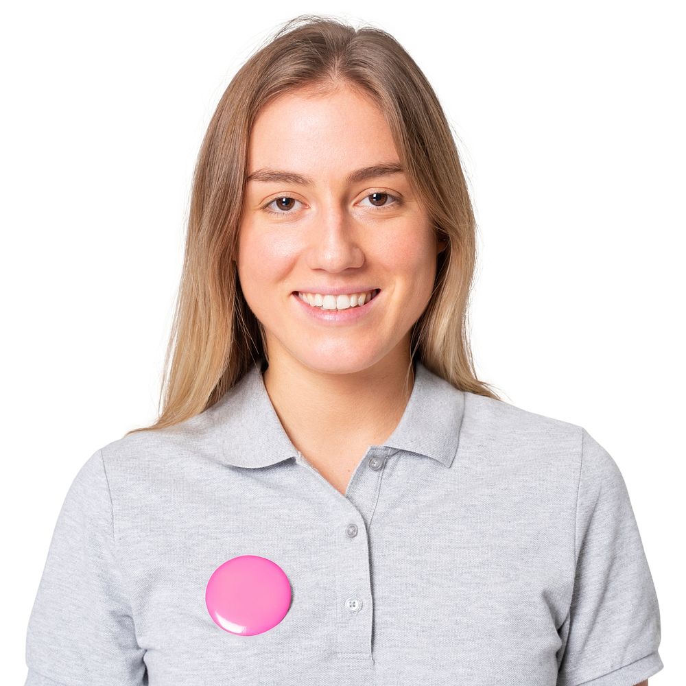 Women&rsquo;s polo shirt mockup psd with pink pin button