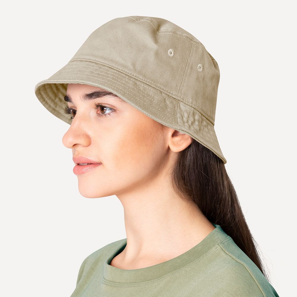 Bucket hat mockup psd woman fashion studio shoot