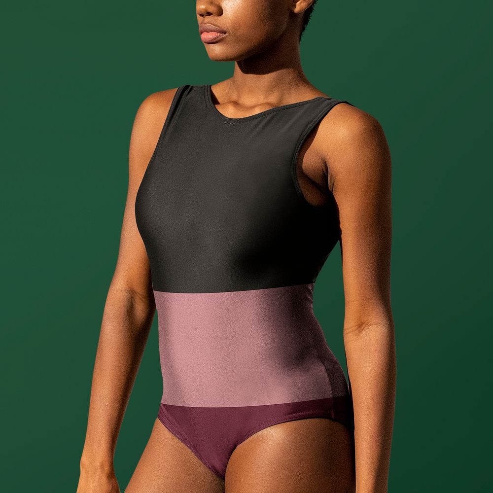 One-piece swimsuit psd mockup with pink and black stripes women&rsquo;s apparel