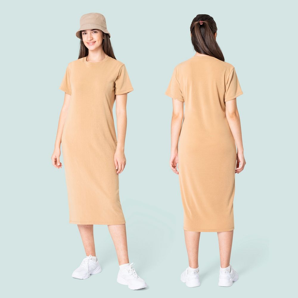 T-shirt dress psd mockup with bucket hat women’s casual wear full body