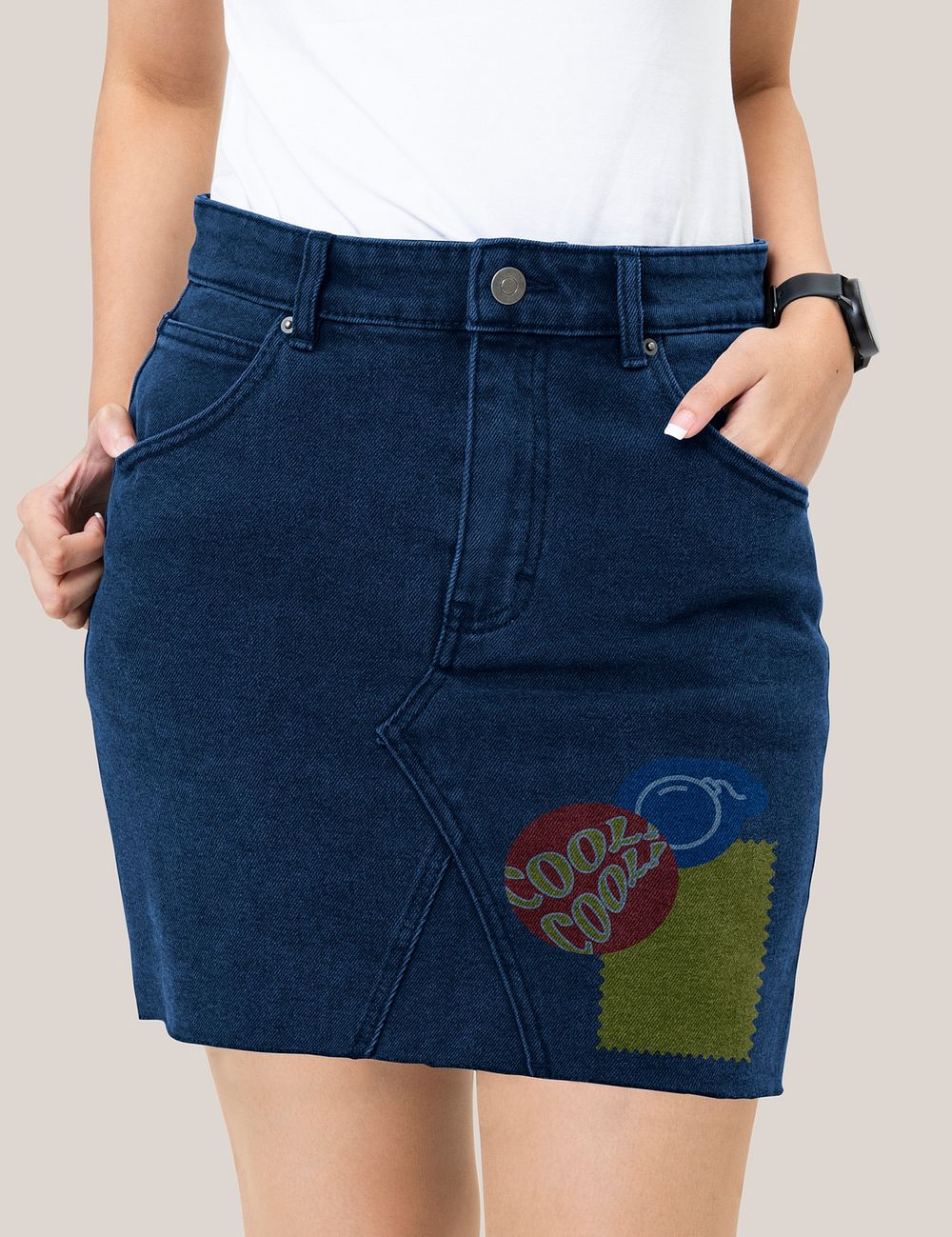 Women&rsquo;s denim skirt psd mockup with graphic designs fashion shoot front view