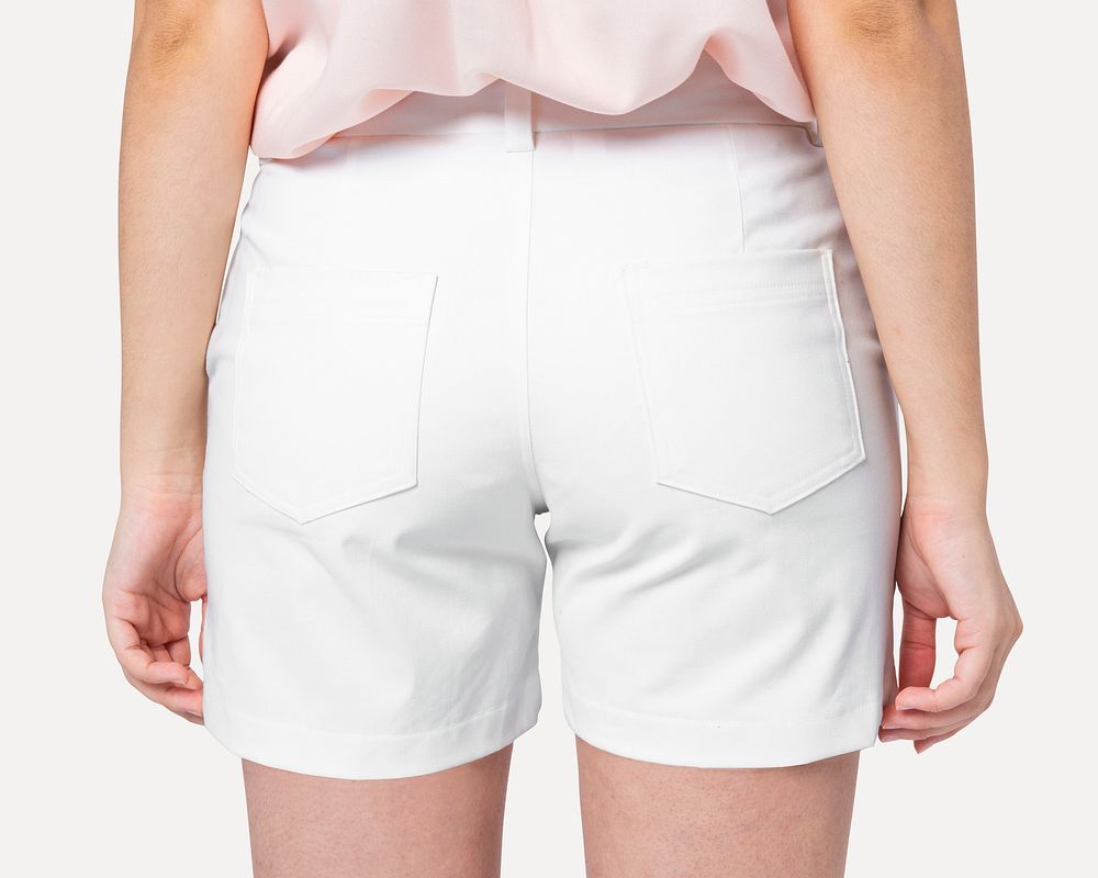 Women&rsquo;s white shorts psd mockup basic wear apparel shoot rear view