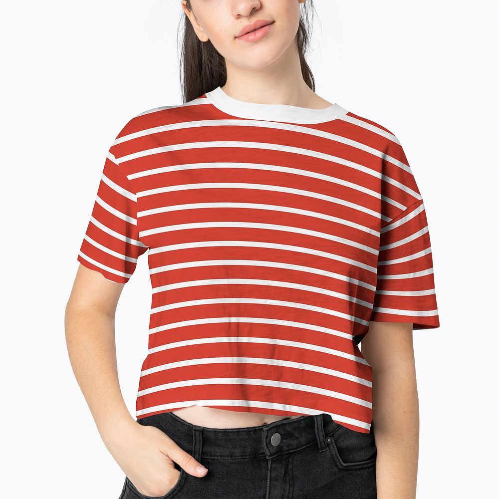 Woman in red striped crop top fashion shoot