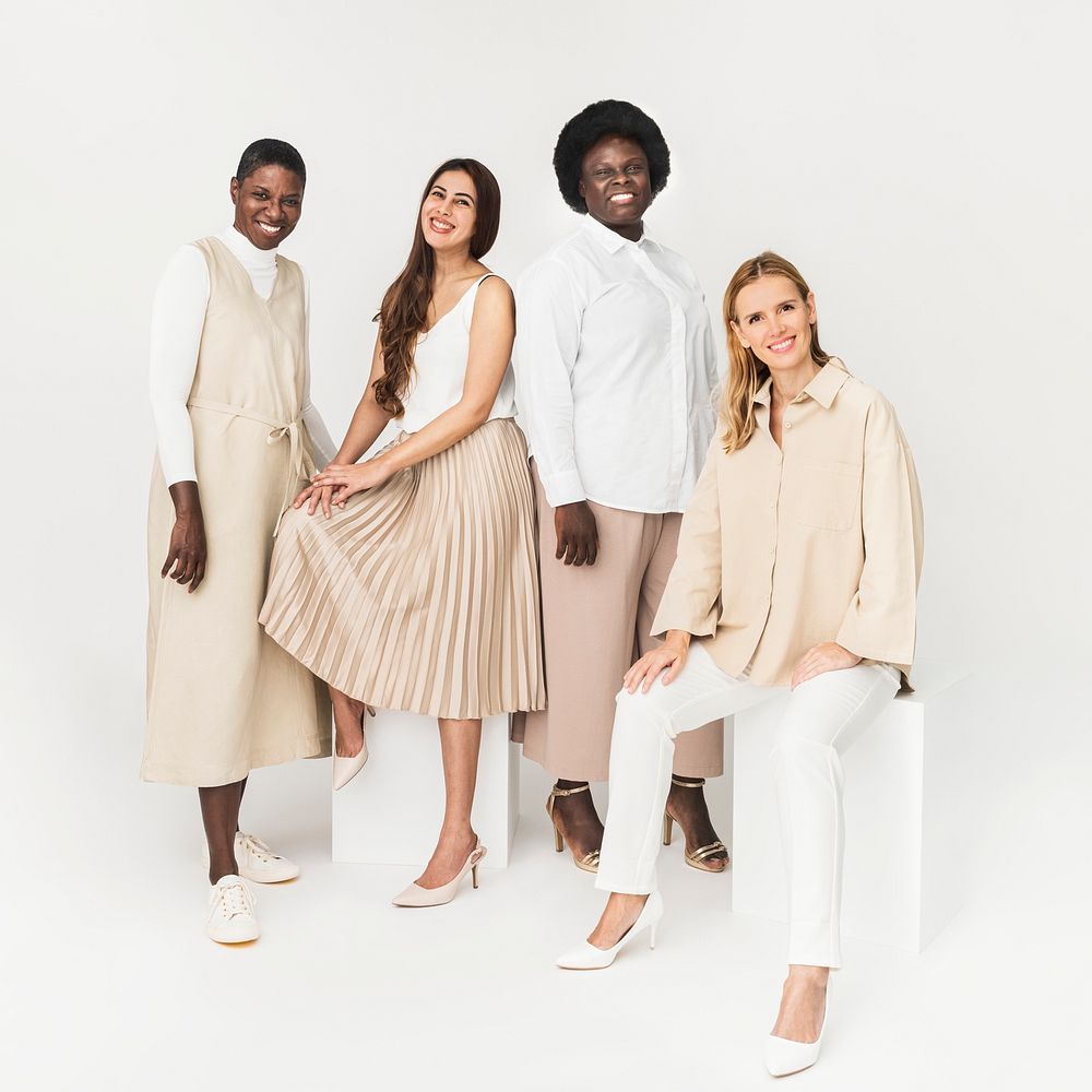 Diverse group of people wearing earth tone casual outfit for apparel ad