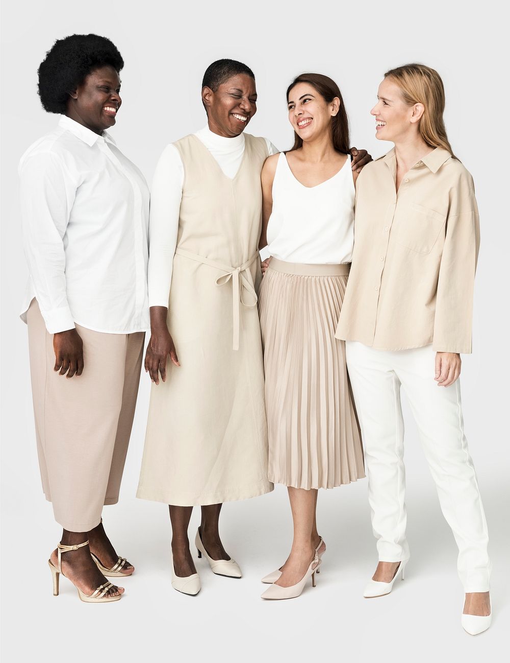 Diverse group of people wearing earth tone casual outfit for apparel ad