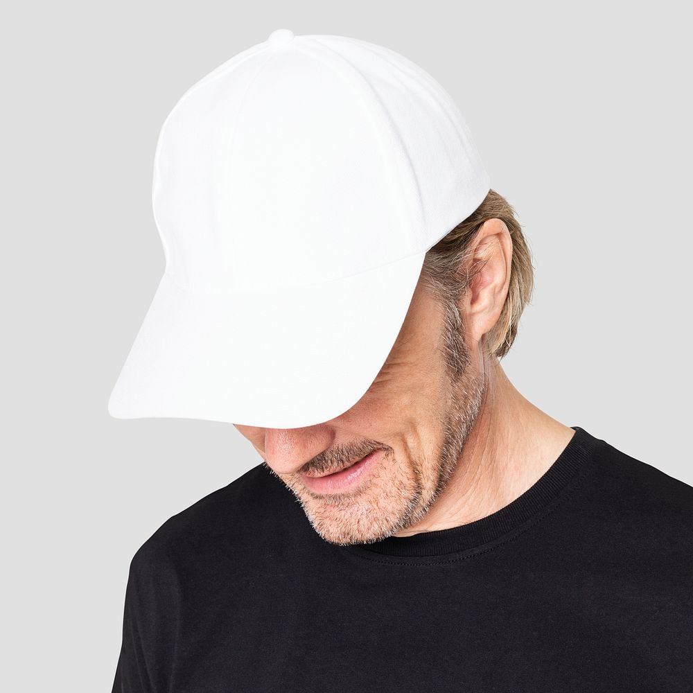 Simple white cap mockup psd men’s apparel close up