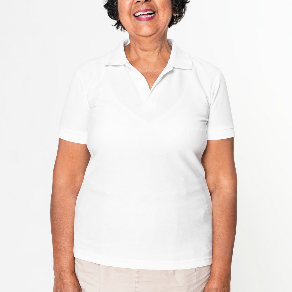 Woman in basic plus size white polo shirt with design space