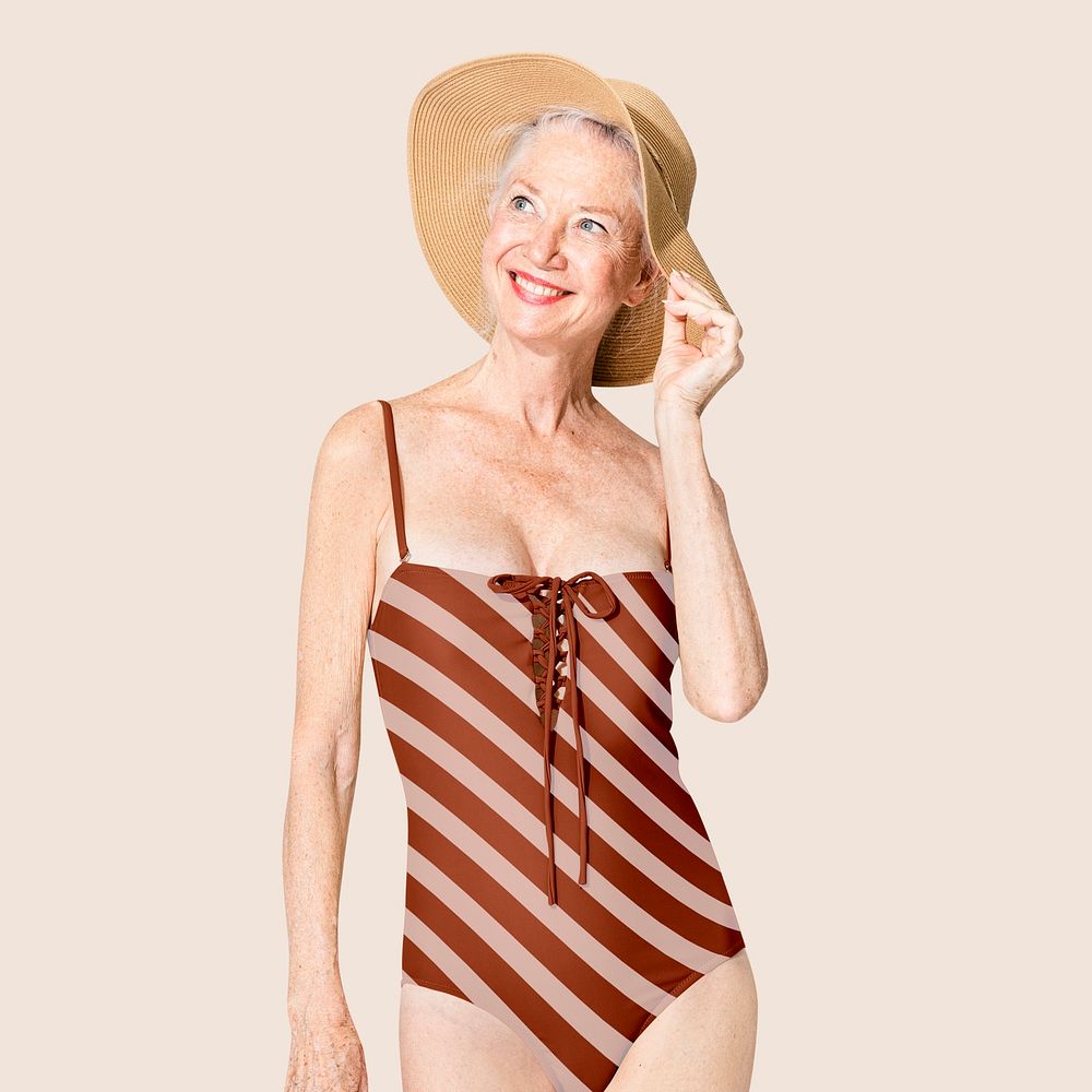 One-piece swimsuit mockup psd red stripes senior women&rsquo;s summer apparel