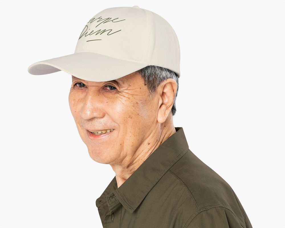 Man in beige cap with quote for senior apparel shoot 