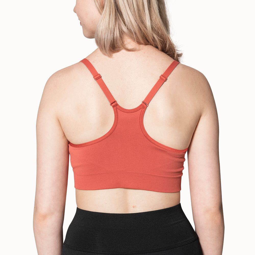 Blonde girl in red sports bra for activewear photoshoot