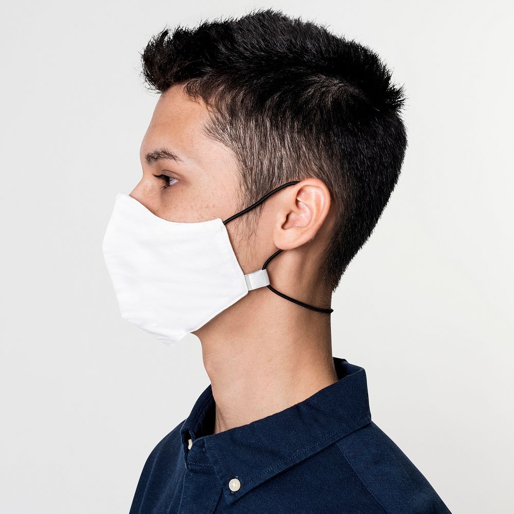 White face mask psd mockup new normal youth apparel shoot