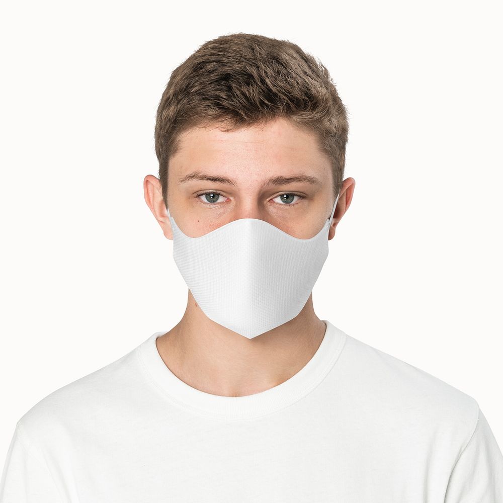 White face mask psd mockup with graphics new normal teenage apparel shoot