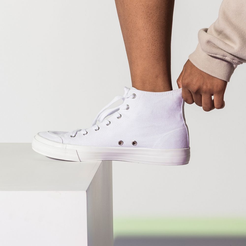 White sneakers psd mockup unisex street fashion shoot