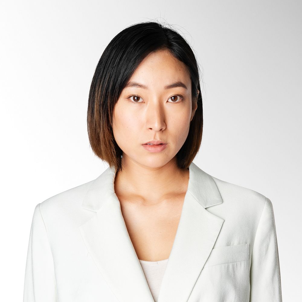 Portrait of young businesswoman mockup psd in white suit