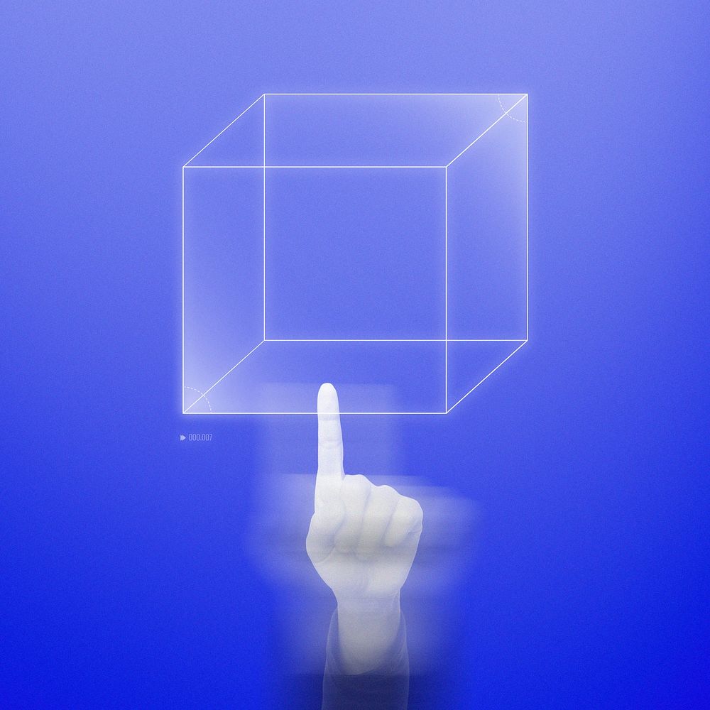 Hand pointing to virtual cube psd on blue holographic screen mockup  blur style illustration