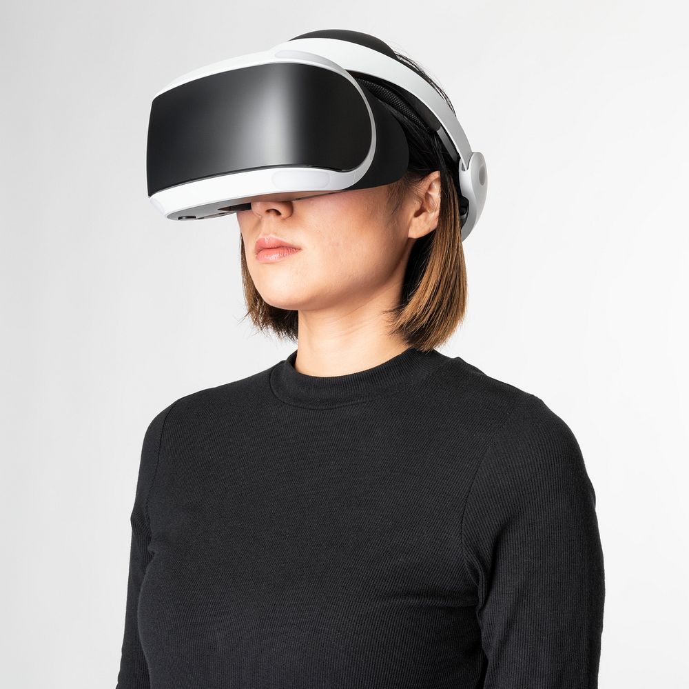 Woman in virtual reality glasses smart technology social media post