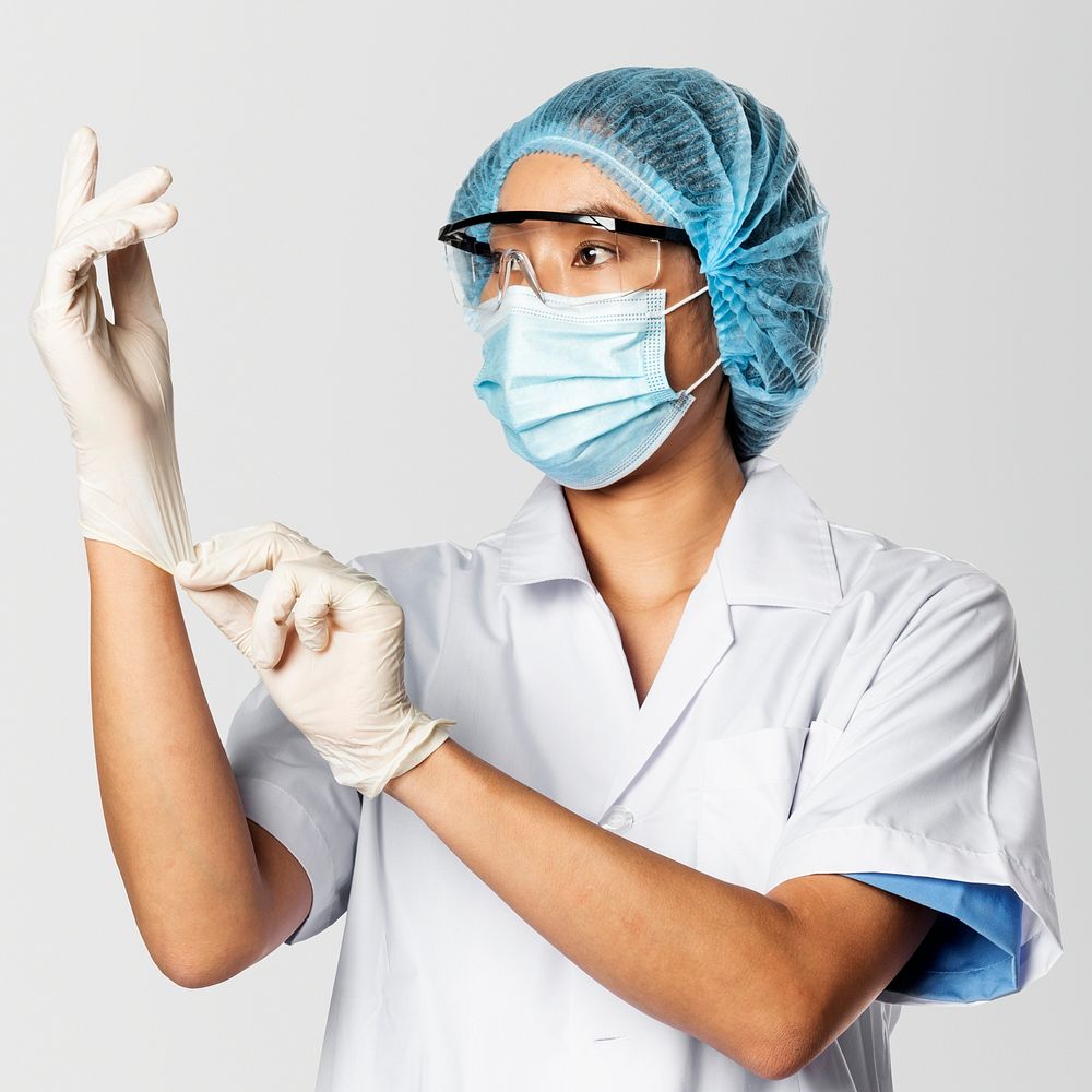 Doctor in uniform psd mockup wearing medical gloves
