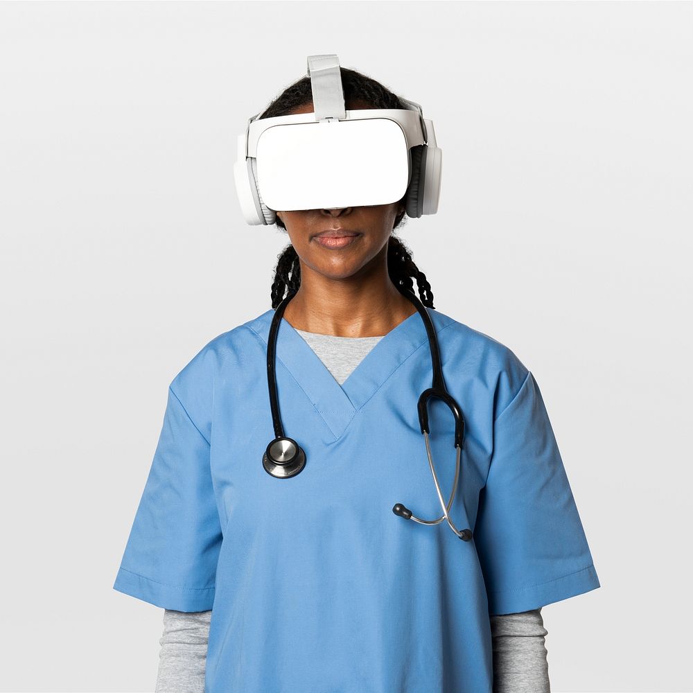 Doctor in VR smart glasses mockup psd with medical uniform