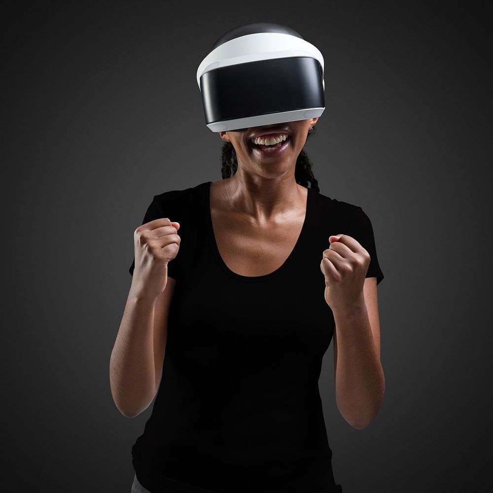 Woman with VR headset psd mockup cheering with excitement