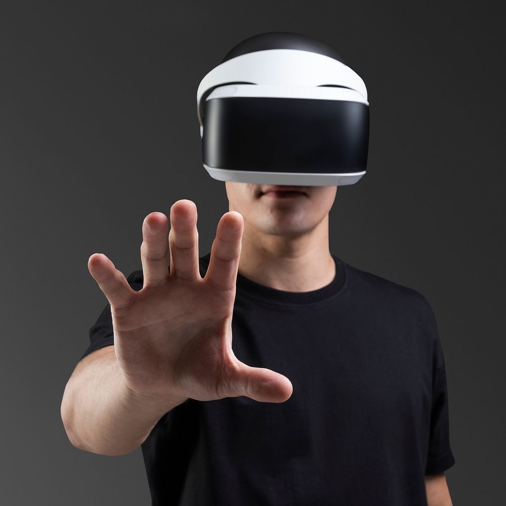 Man with virtual reality headsets on invisible screen social media post