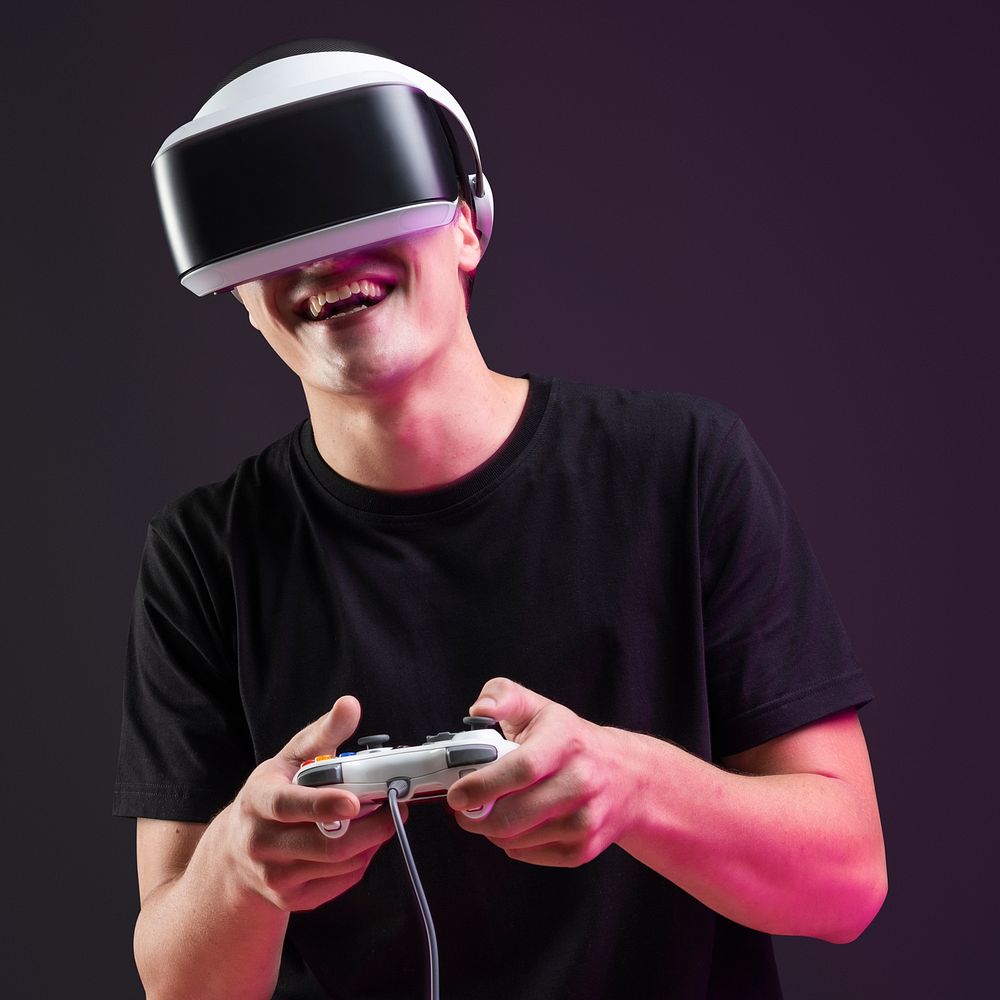 Man playing game mockup VR headset psd